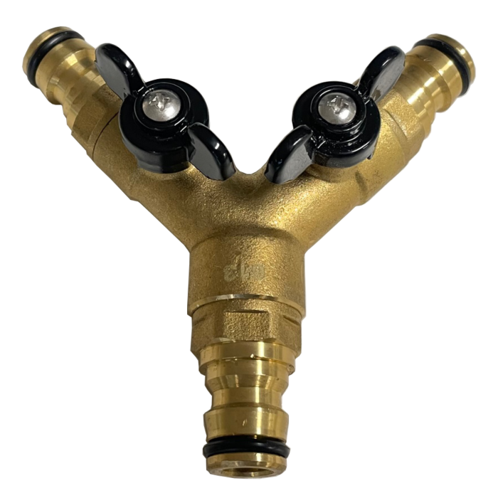 Messing 2-weg verdeler Gardena met snelkoppelingen.png