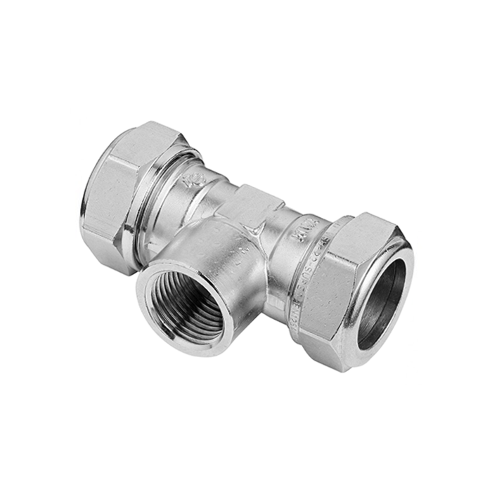 Bonfix messing T-stuk 2 x knel 90° x binnendraad vernikkeld Bonfix messing T-stuk 2 x knel 90° x binnendraad vernikkeld