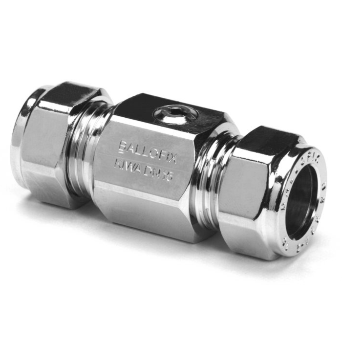 Verchroomde kogelafsluiter 2 x knel 12 mm Verchroomde kogelafsluiter 2 x knel 12 mm