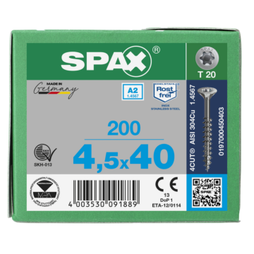 Spax spaanplaatschroeven T20 RVS A2 4.5 mm deeldraad