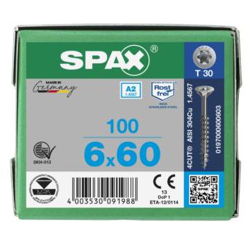 Spax spaanplaatschroeven T30 RVS A2 6 mm deeldraad