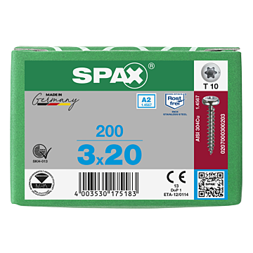 Spax spaanplaatschroeven T10 cilinderkop RVS A2 3 mm voldraad